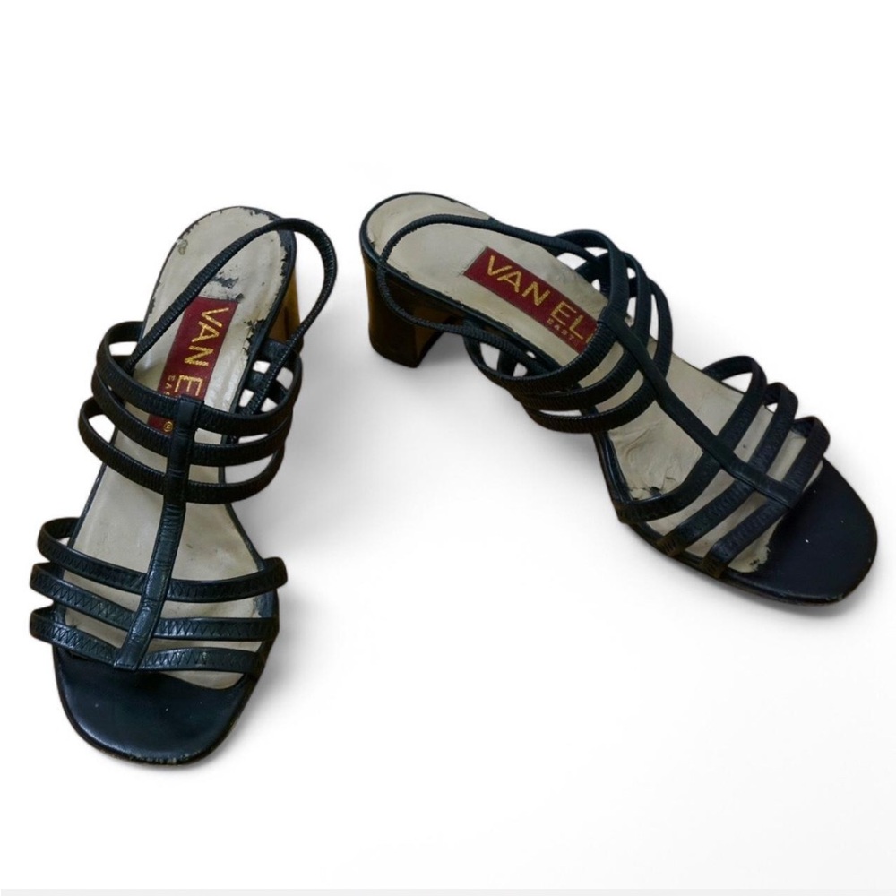 💜 VINTAGE VAN ELI Black Leather Heel/Sling Sandals!!